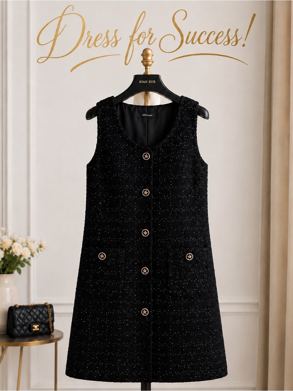 New luxury Black Tweed Gold Button Shift Dress |Lined Chanel Energy XL 1X 2X 5XL